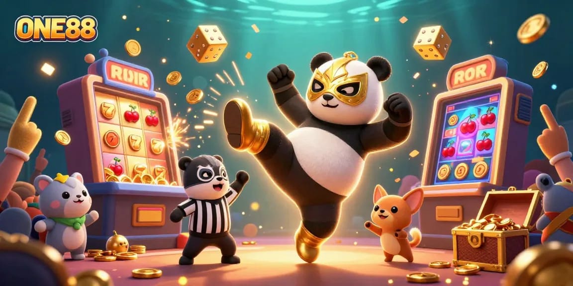 Experience thrilling gaming at ONE88 with vibrant illustrations of animated casino action.