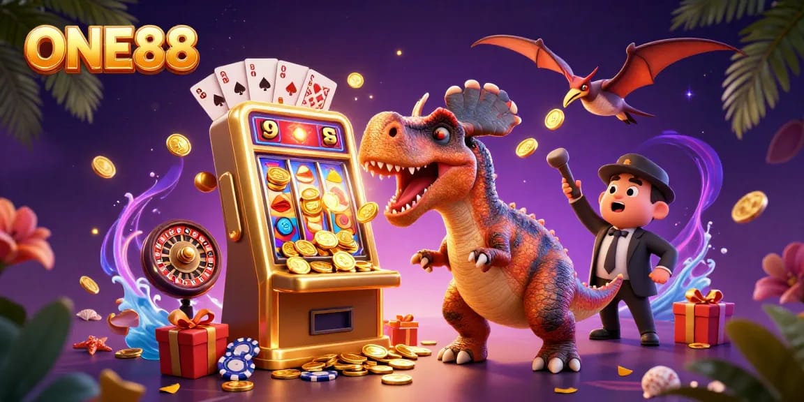 ONE88 features an animated scene with a dinosaur headbutting a slot machine, winning coins.