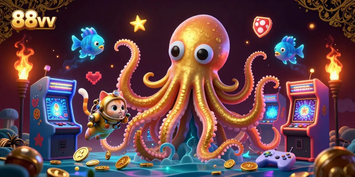 Experience the exciting underwater adventure with 88vv where the colossal kraken meets arcade treasures in a casino-themed scene.