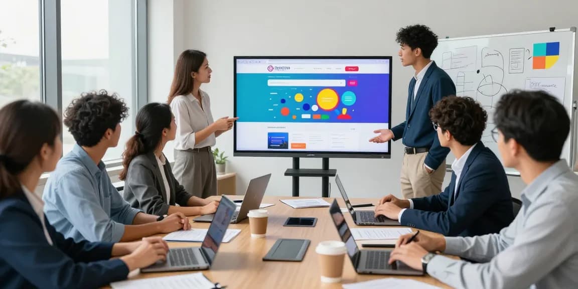 Website Berater-Team brainstormt digitale Strategie in modernem Büro