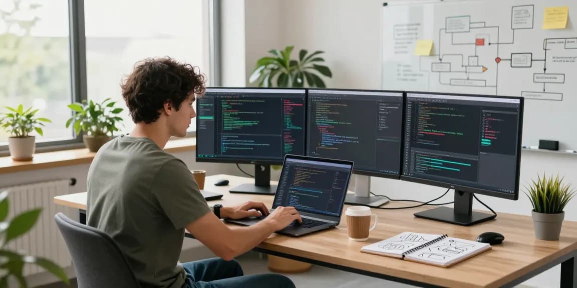Build internal tools with AI in a modern tech office, showcasing developers coding and collaborating.