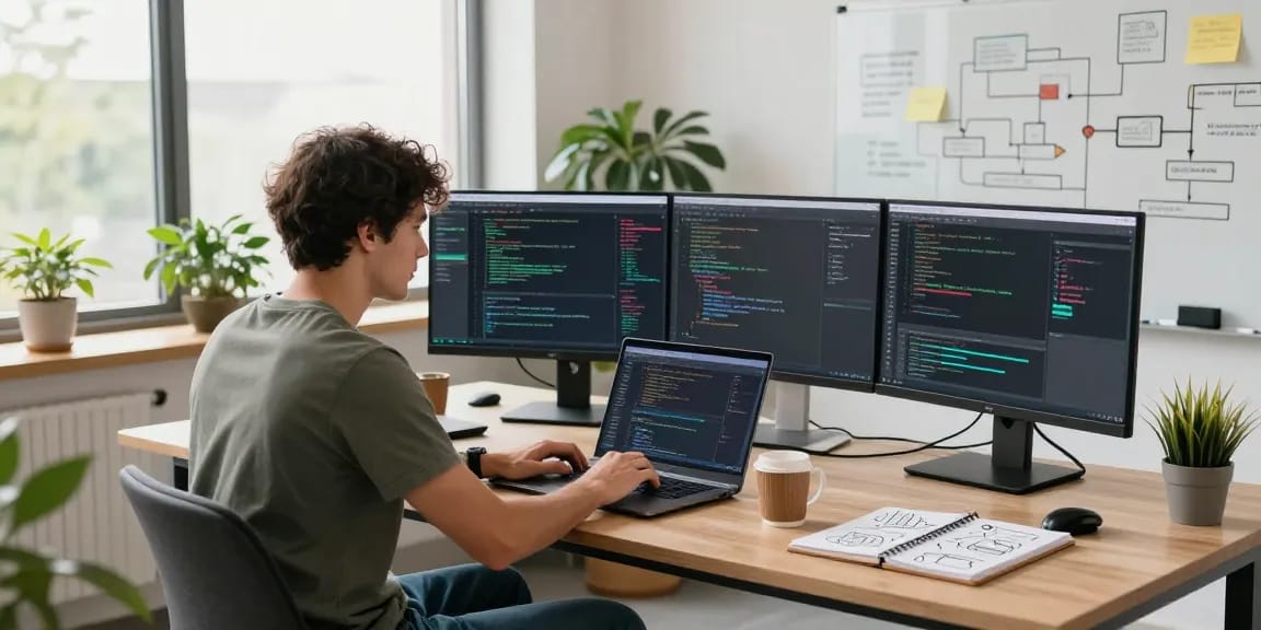 Build internal tools with AI in a modern tech office, showcasing developers coding and collaborating.