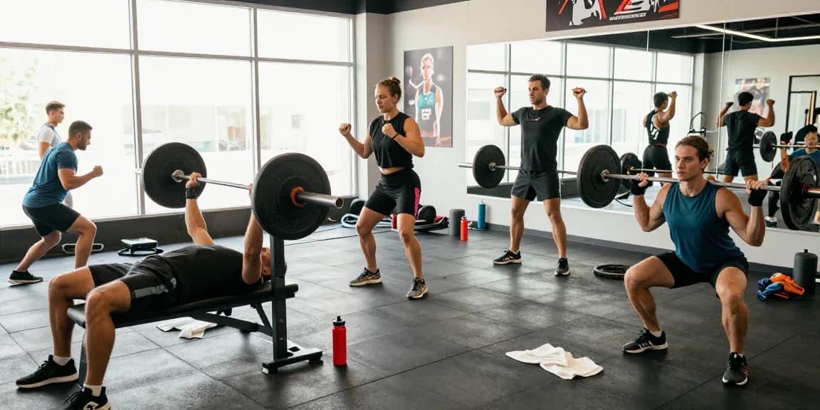 Bodybuilders training together in a bright gym, showcasing the Anabolika Shop spirit of muscle building and dedication.