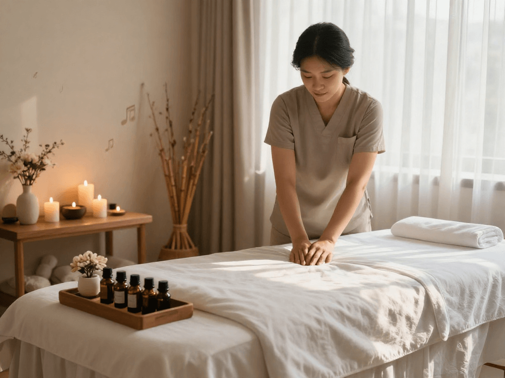 Relaxation and rejuvenation in a serene spa setting for 서울출장안마, featuring massage therapy setup and calming ambiance.