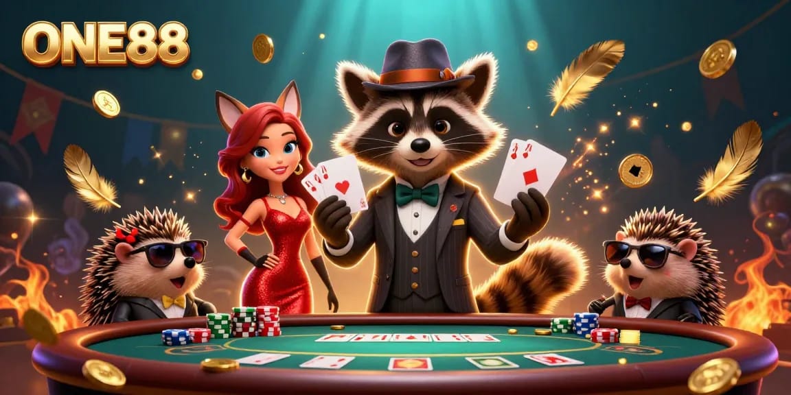 Experience the thrill at ONE88 with a suave raccoon, fox lady, and hedgehog at a poker table.