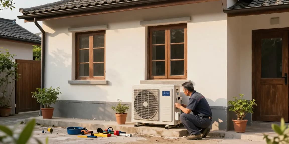 A technician working on a wärmepumpe im altbau installation in a renovated older home.