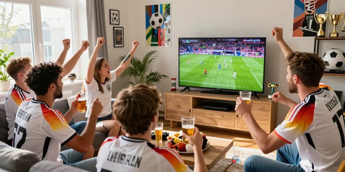 Fussball Deutschland Fans feiern ein großes Spiel mit Freunden in einem lebhaften Wohnzimmer.