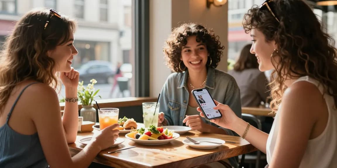 Weibliche Instagram Likes kaufen: Stilvolle Frau zeigt ihre Likes in einem Café mit Freunden.