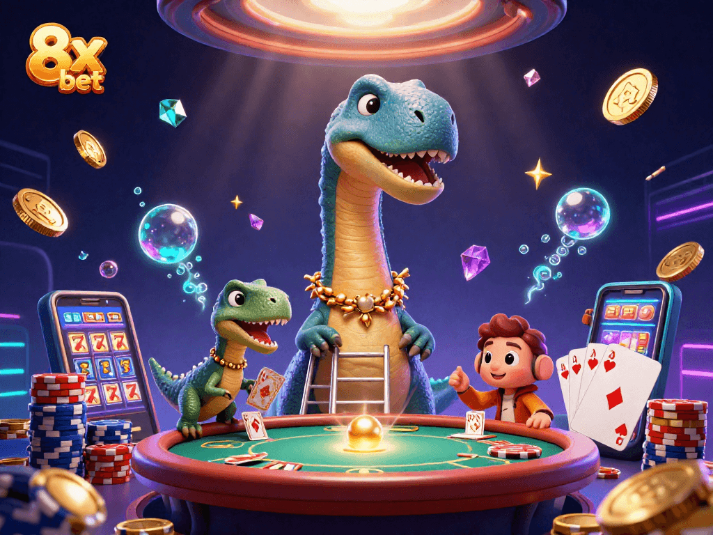 Engaging illustration of 8x bet casino scene featuring a brontosaurus and clever raptor for a unique gaming experience.