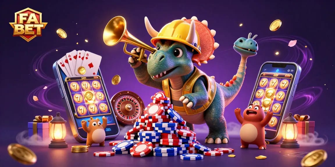 FA BET showcases a vibrant casino scene with colorful slots and celebratory characters.