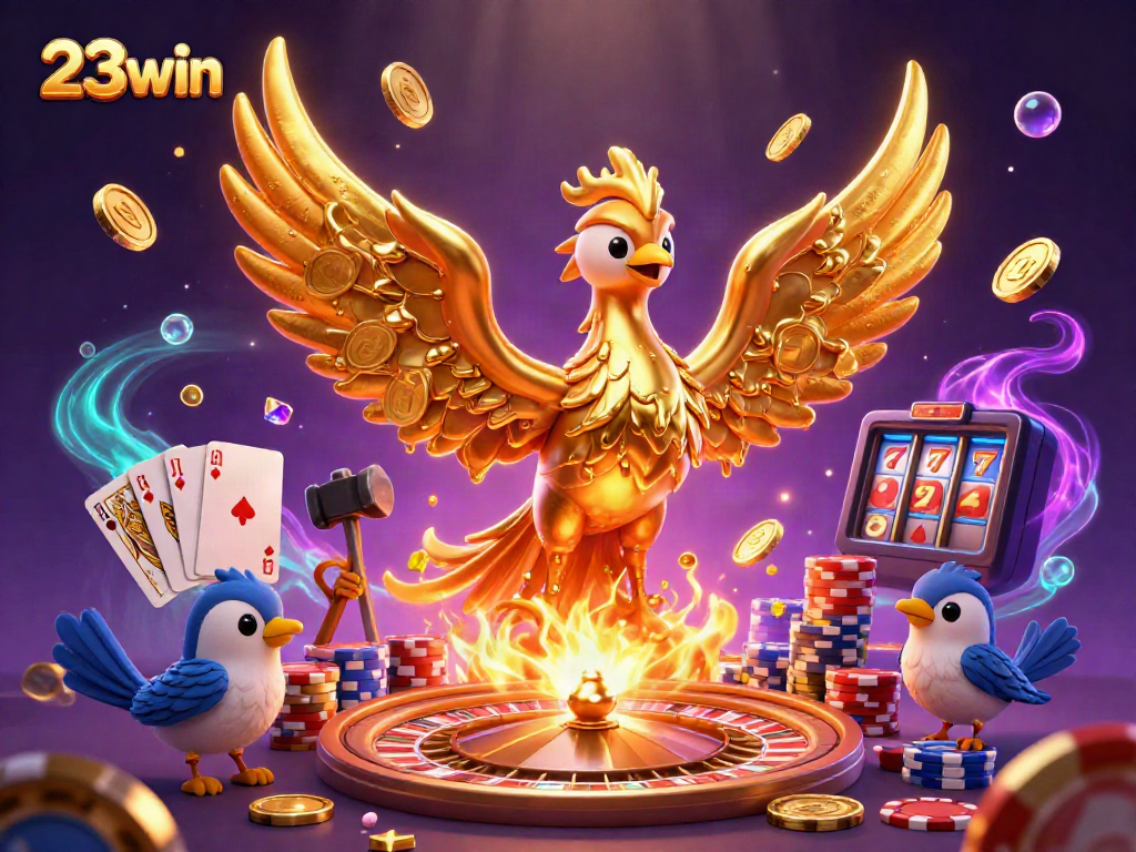 Experience the thrill of 23win as molten gold forms coins, surrounded by a vibrant casino atmosphere.