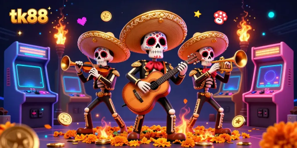 Experience exciting gaming with tk88 as a festive mariachi band plays amidst vibrant arcade machines.