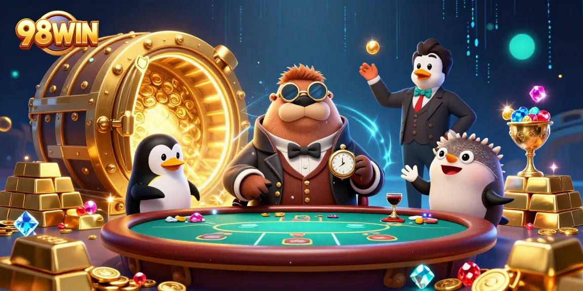 Experience 98WIN with the jolly walrus at an underwater poker table, surrounded by treasures.