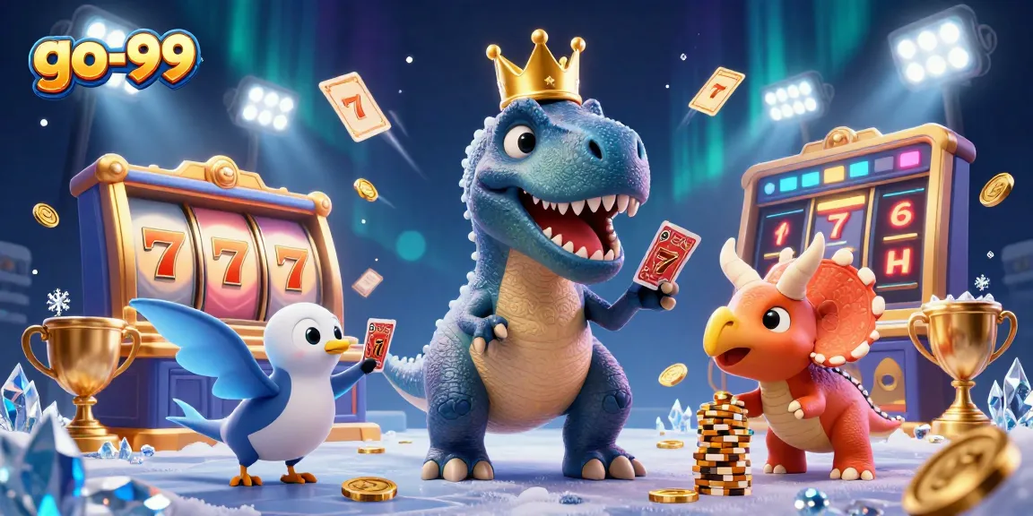 Engage in thrilling gameplay at go-99 with the T-Rex and friends enjoying cards and slots!