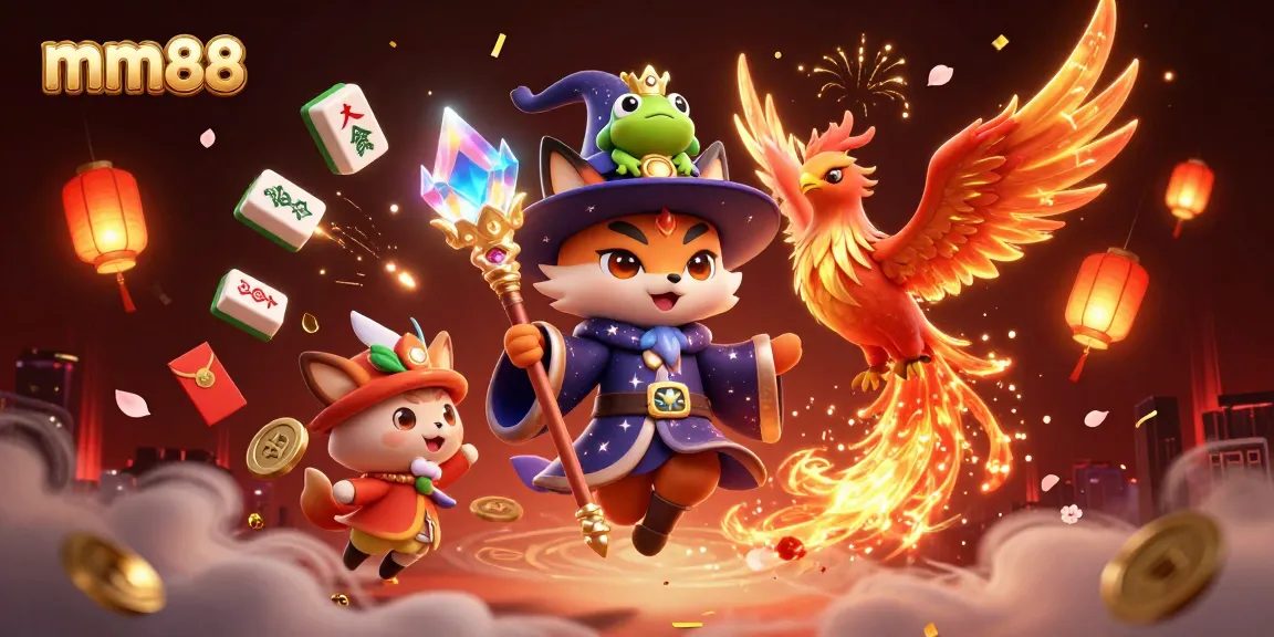 Experience the excitement of mm88 with a magical 3D casino scene featuring a wizard fox and phoenix.