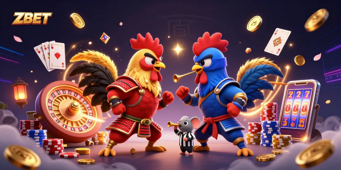 Engage with thrilling rooster battles at ZBET, amid cascading coins and vibrant casino elements.