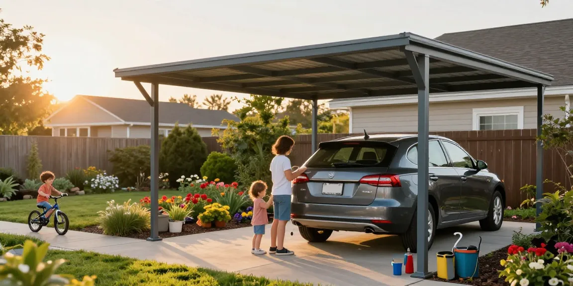 Moderne Carport-Lösung schützt Fahrzeuge elegant in einem einladenden Garten.