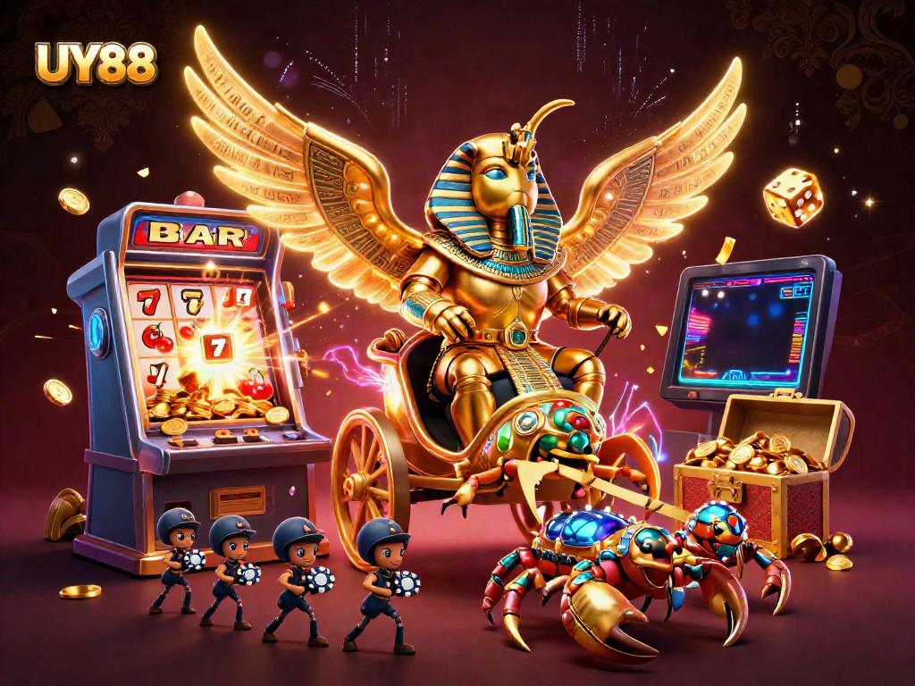 Experience the excitement of UY88 Casino with vibrant characters and dynamic game elements in a vivid illustration.