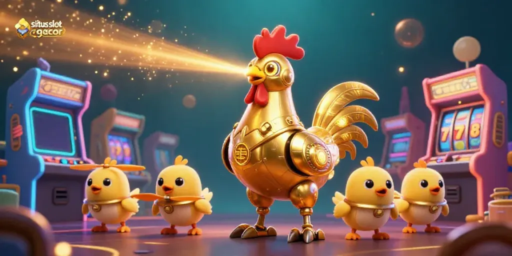 Engage with situs slot gacor in a vibrant scene showcasing a golden rooster robot amid colorful slot machines.