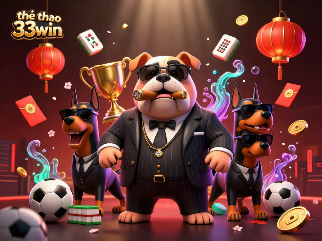 Experience the excitement of thể thao 33win sports betting with a dynamic cartoon scene featuring a mafia bulldog and Dobermans.