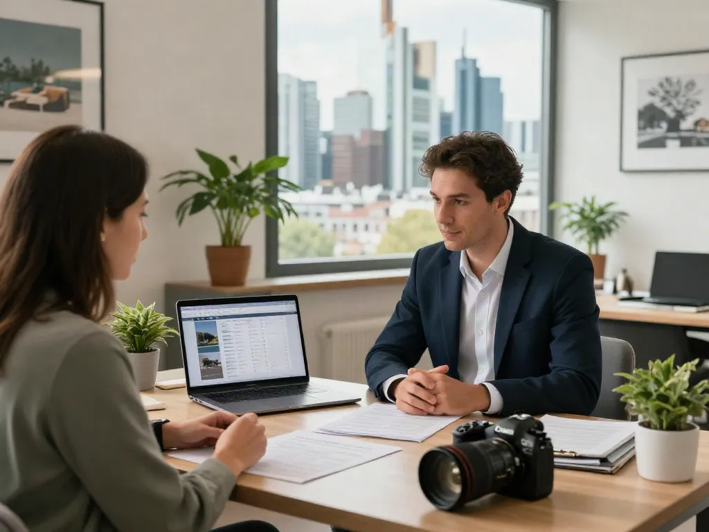 Bester Immobilienmakler Frankfurt bei Kundenberatung in modernem Büro mit Skyline im Hintergrund
