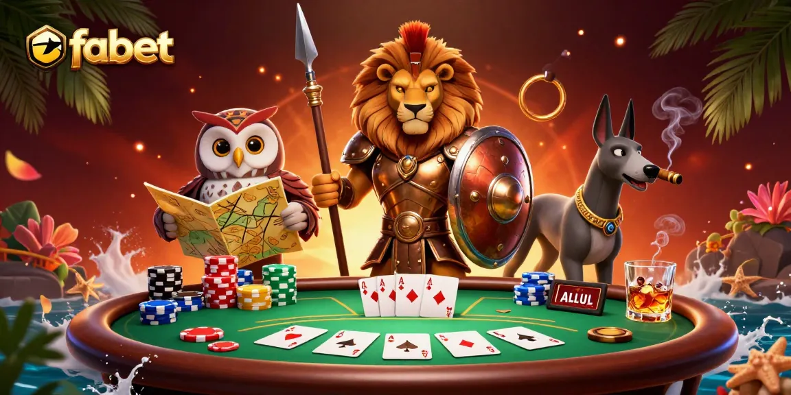Experience the vibrant world of fabet with an action-packed poker scene featuring a armored lion, owl strategist, and greyhound messenger.