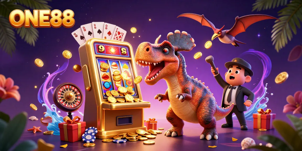 ONE88 features an animated scene with a dinosaur headbutting a slot machine, winning coins.