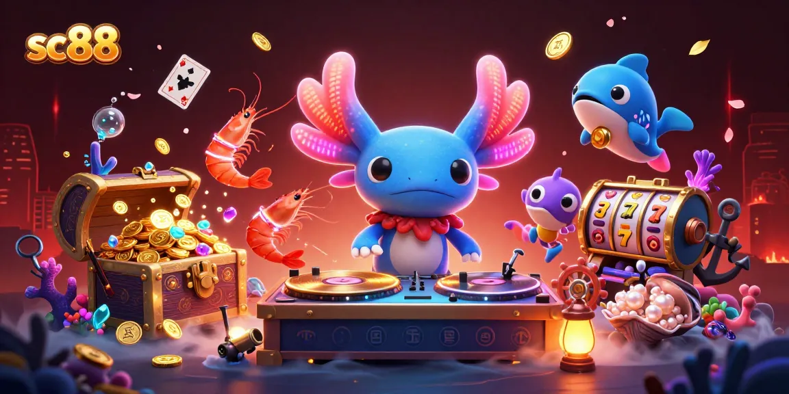 Experience sc88 with a vibrant underwater casino scene featuring a DJ axolotl and dynamic game elements.