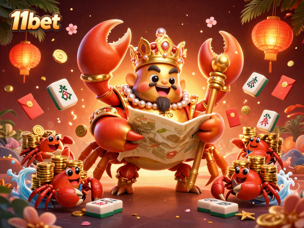 Win with 11bet at a vibrant casino-themed illustration featuring a majestic crab emperor and lucky game elements.
