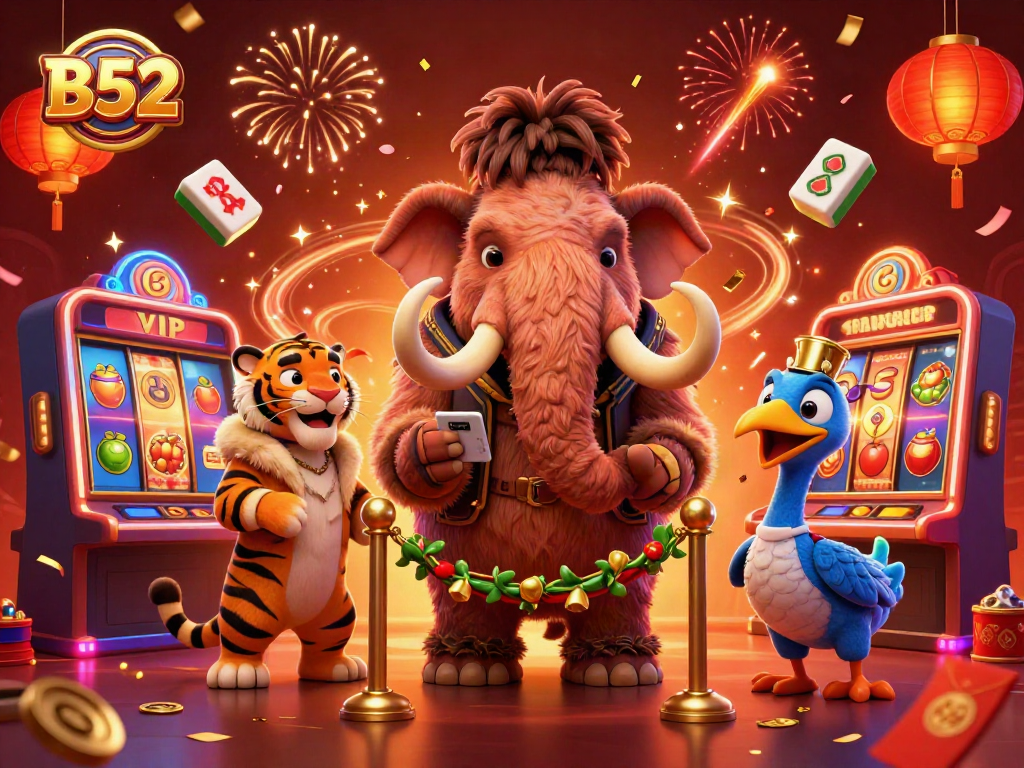 Experience B52 slot adventures with a vibrant woolly mammoth bouncer and dynamic casino elements.