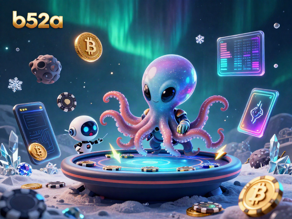 Play energetic poker in a vibrant 3D space with b52a's alien octopus, surreal casino elements.