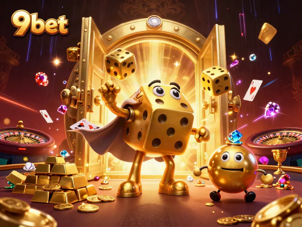 Experience excitement at 9 bet with golden dice and shimmering treasures in a live casino environment.