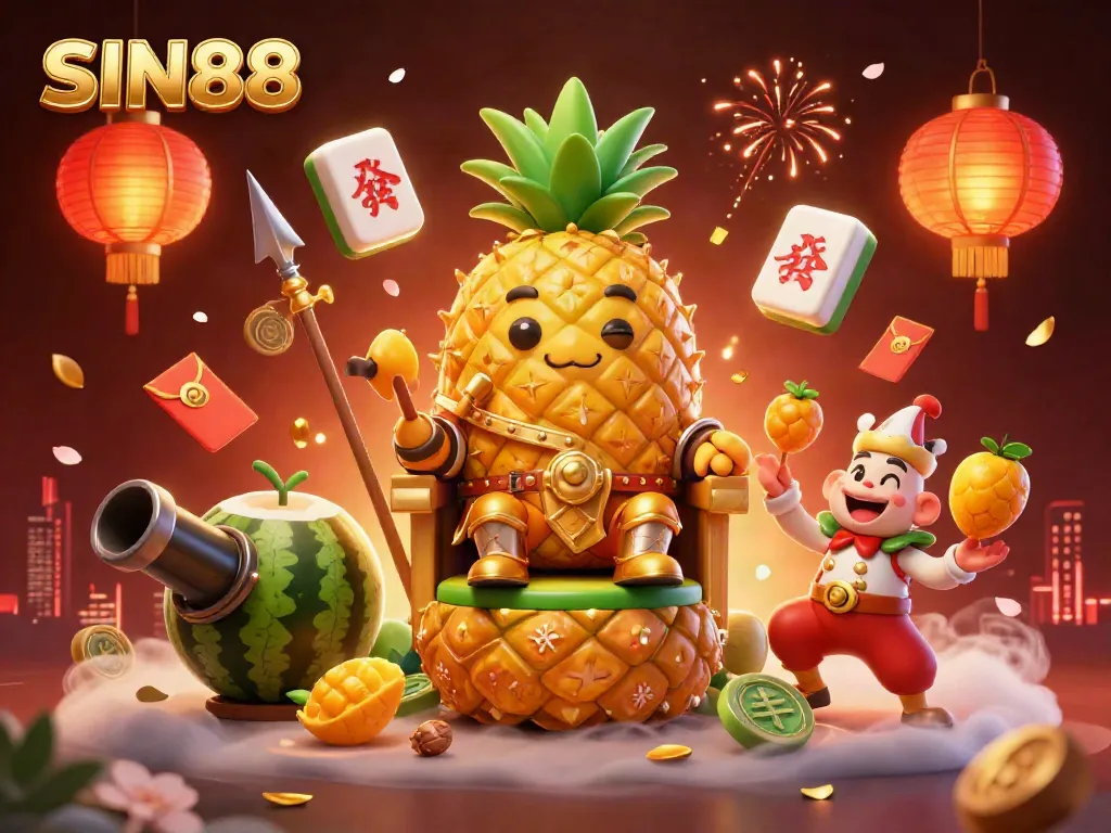 SIN88's vibrant casino scene with a golden pineapple king, tropical decor, and game elements creating excitement.