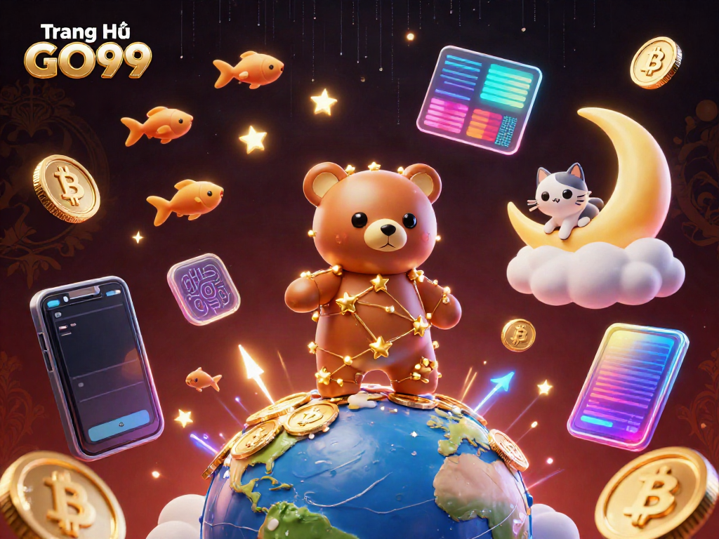 Engage with thrilling games at Trang Chủ GO99 as golden stars and crypto coins illuminate the night sky!