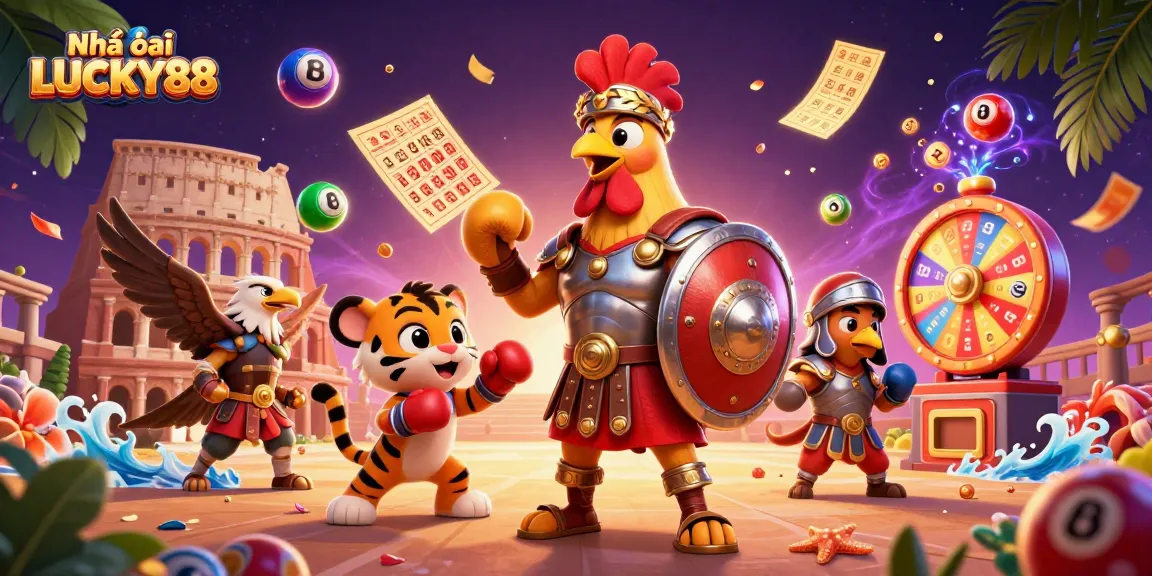 Engage with Nhà cái LUCKY88 in a lively 3D casino scene full of dynamic lottery action.