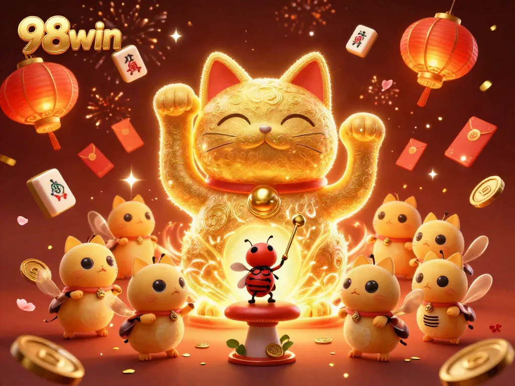 Engage with the vibrant atmosphere of 98win featuring a lucky cat and festive symbols in a 3D illustration.