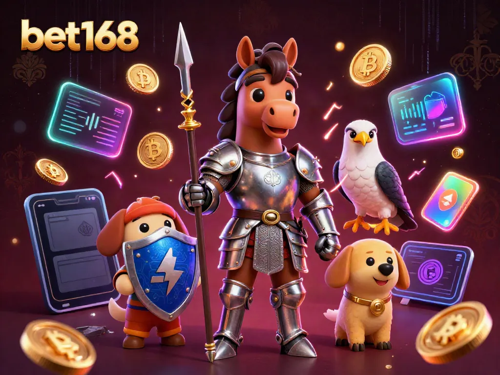 Engage with bet168 through a vibrant 3D cartoon scene showcasing a knight, puppy, and falcon amidst glowing crypto elements.