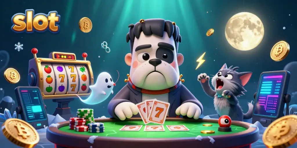 Spin the slot reels with a vibrant 3D casino illustration featuring unique characters and crypto elements.