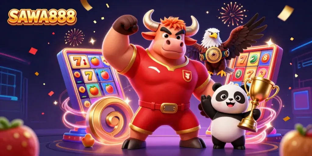 SAWA888 highlights casino excitement with dynamic characters, slot reels, and a vibrant festive atmosphere.
