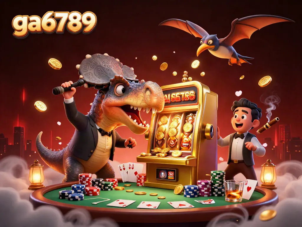 Experience adventure with the ga6789 pachycephalosaurus interacting with casino elements while jackpot coins fly