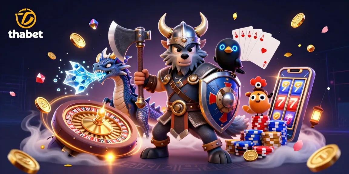 Experience thrilling action at thabet with dynamic illustrations of gaming elements and fantasy characters.