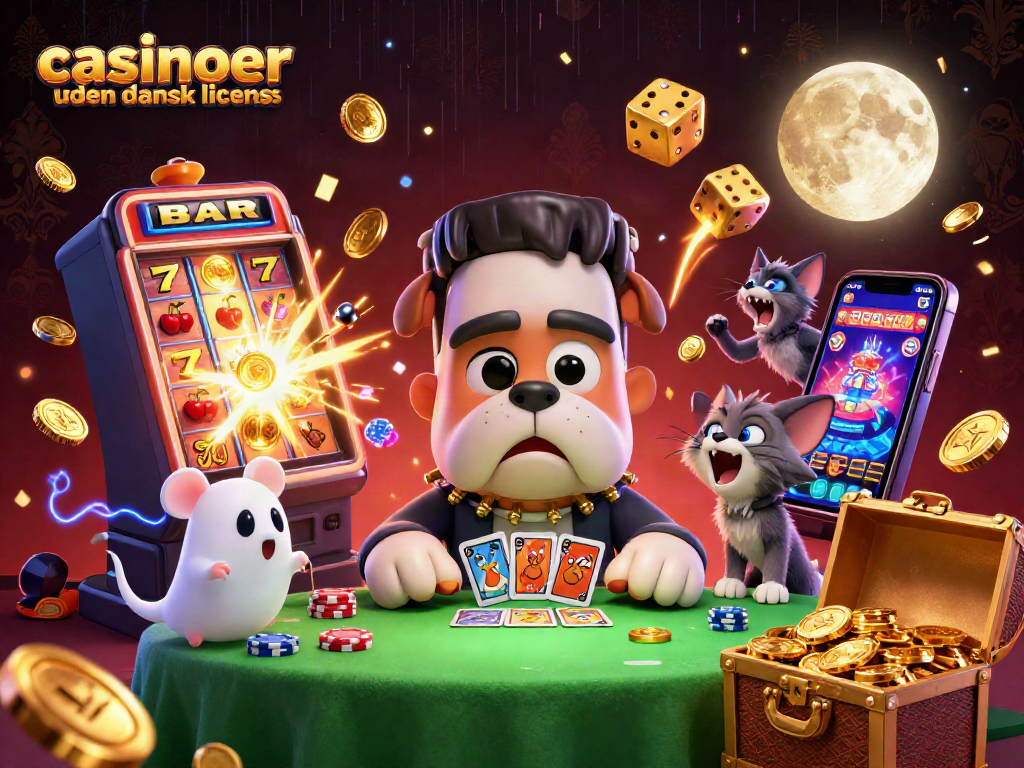 Engaging illustration of casinoer uden dansk licens with cartoon characters, vibrant slot machines, and ghostly elements.