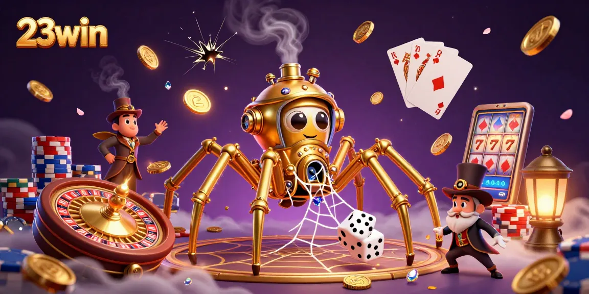Experience the thrill of 23win with a whimsical steampunk scene featuring golden spider webs and dice.