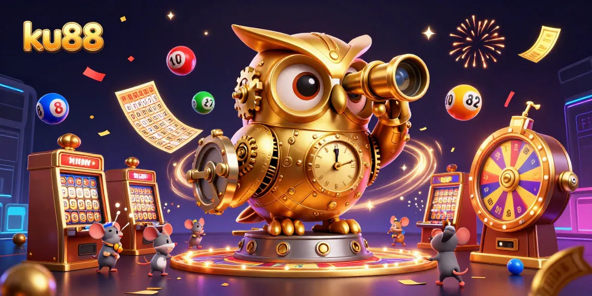 ku88 showcases an extravagant casino scene with a golden owl, colorful lottery balls, and festive elements.
