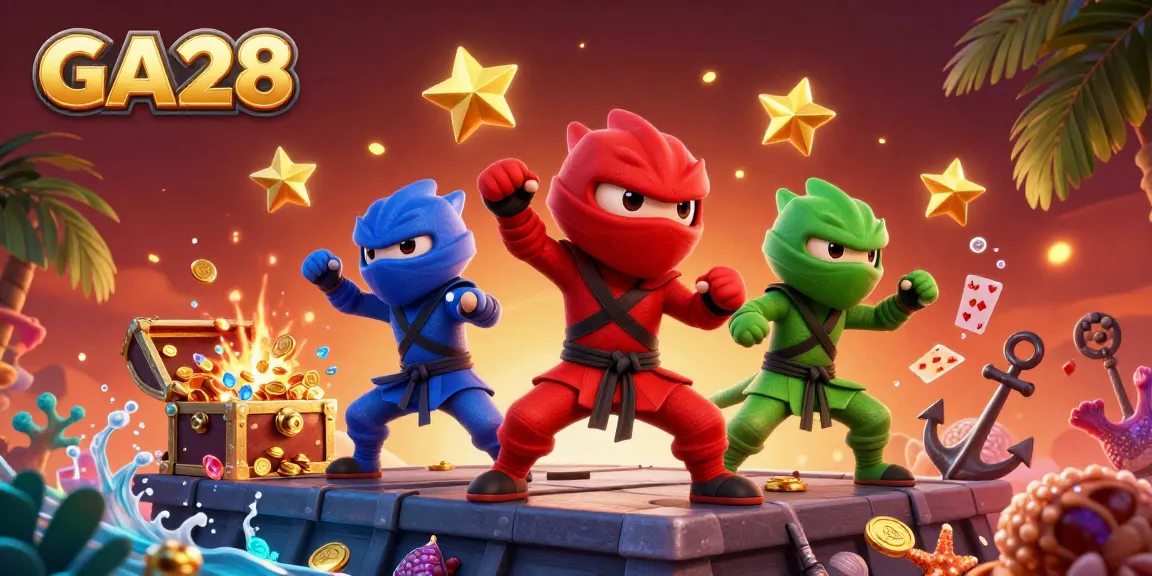 Experience the vibrant action of GA28 with chameleon ninjas, gold coins, and adventurous gameplay elements.