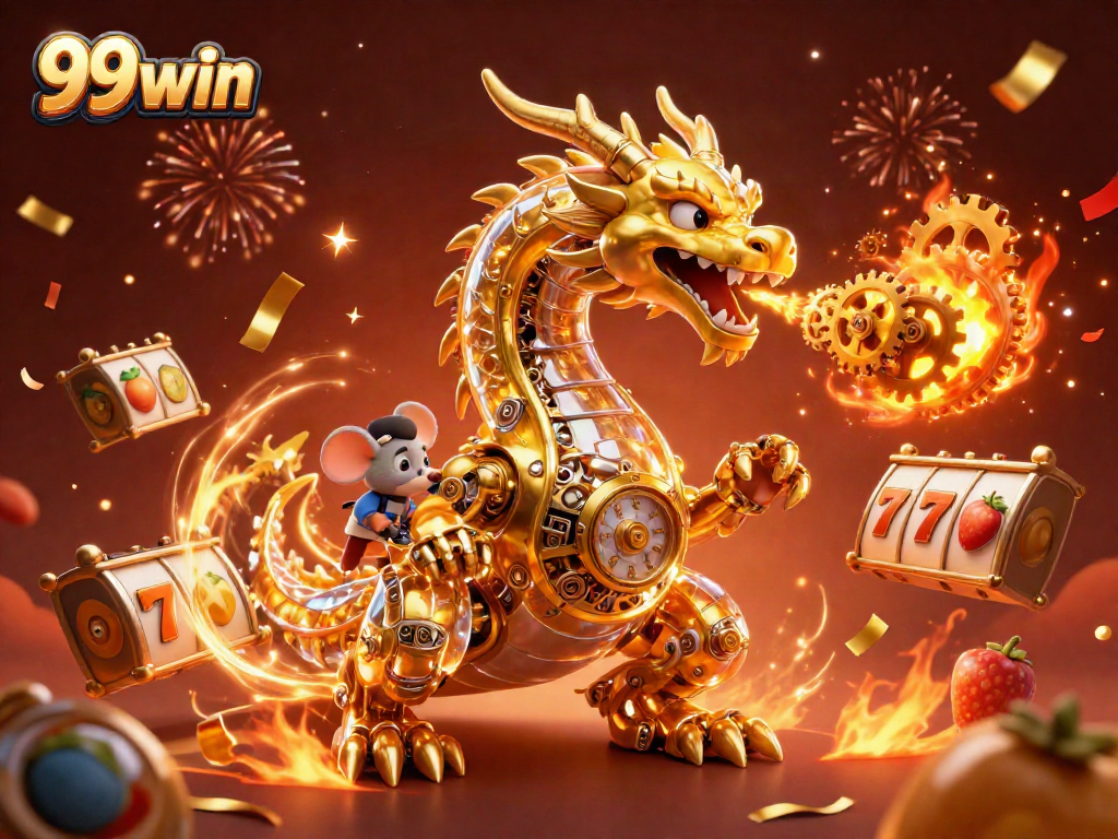 Experience thrilling slot action with 99win's golden-themed 3D dragon and vibrant reels design.