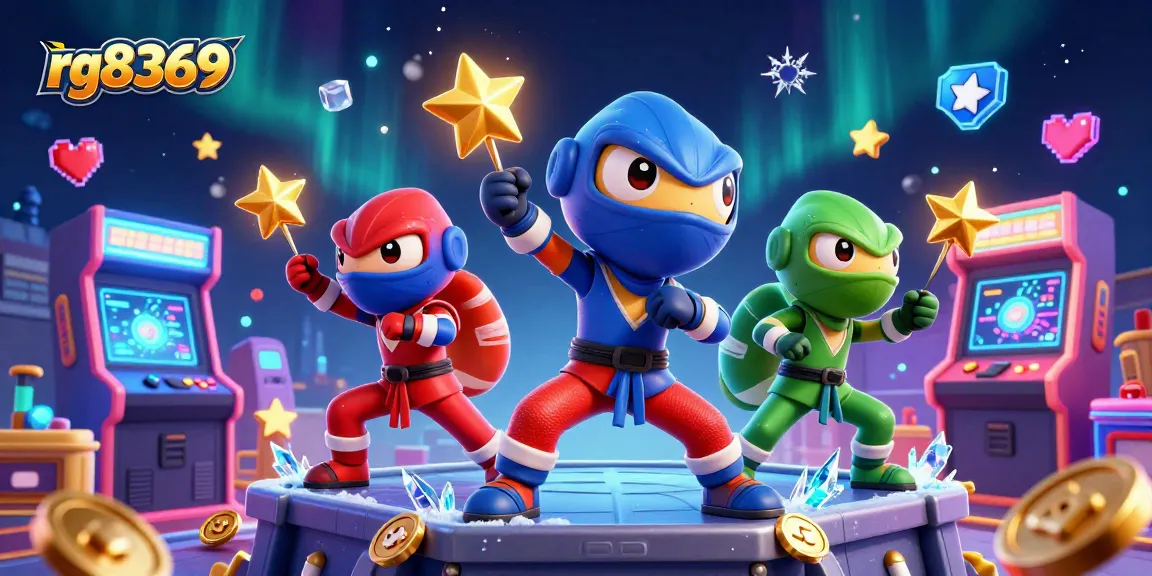 rg8369 features a thrilling scene with ninja chameleons celebrating wins amidst glowing casino elements.
