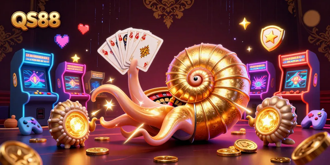 Spin the roulette wheel with QS88's ancient nautilus, vibrant arcade elements surrounding it.