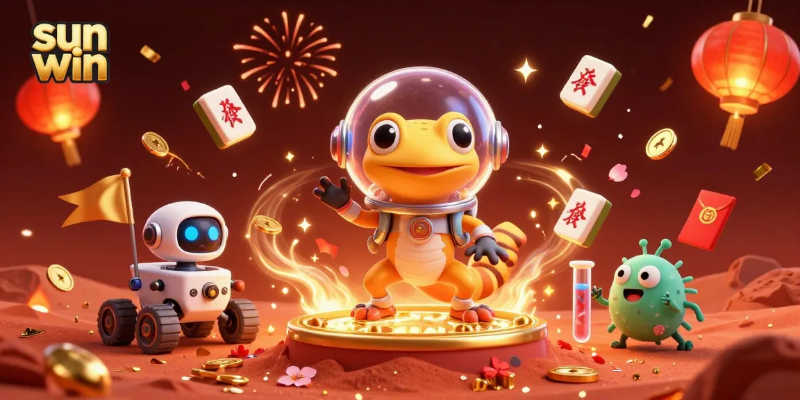 Experience the thrills of sun win with a Martian gecko discovering a golden casino in this vibrant illustration.