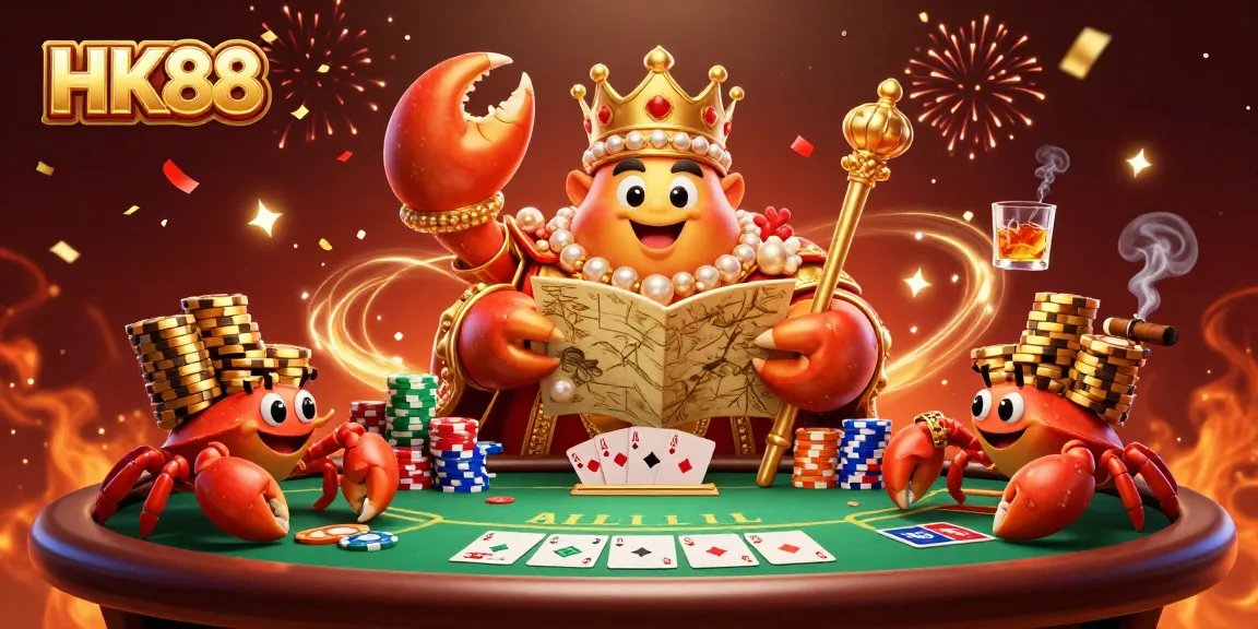 Experience the thrilling action of HK88 with a cartoon crab emperor at a vibrant poker table.